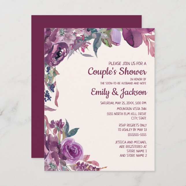 Convites Boho Lilac Plum Purple Floral Casal Casamento (Frente/Verso)