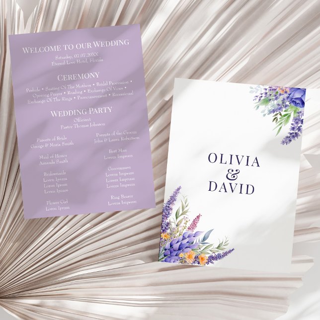 Convites Boho Lilac Watercolor Wildflower Weding Program (Boho Lilac Watercolor Wildflower Wedding Program on a sunny neutral dry palm leaf.)