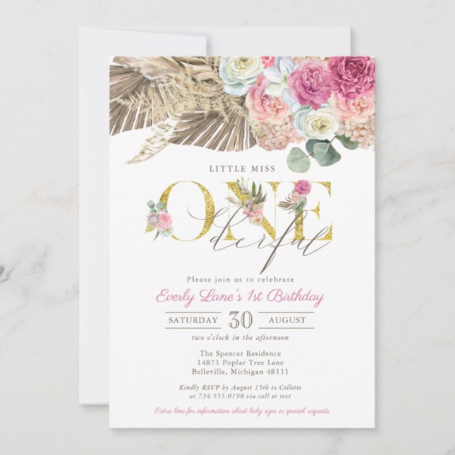 Convites Boho Little Miss ONE - primeiro aniversario Floral (Frente)
