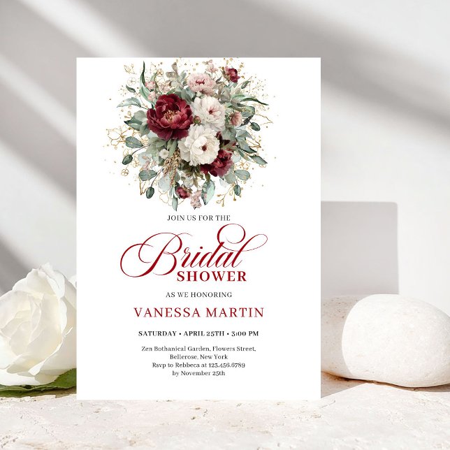 Convites Boho Maroon Floral Bridal Shower Invitation (Boho Maroon Floral Bridal Shower Invitation)