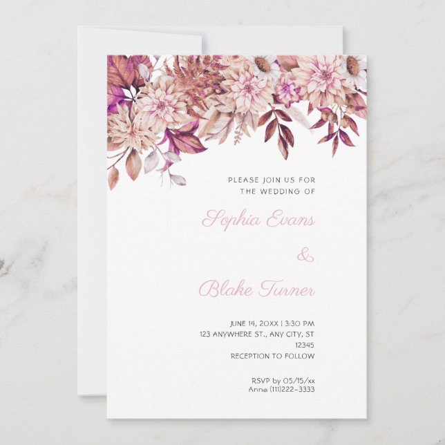 Convites Boho Marrom e Rosa Floral Inverno Casamento Branco (Frente)