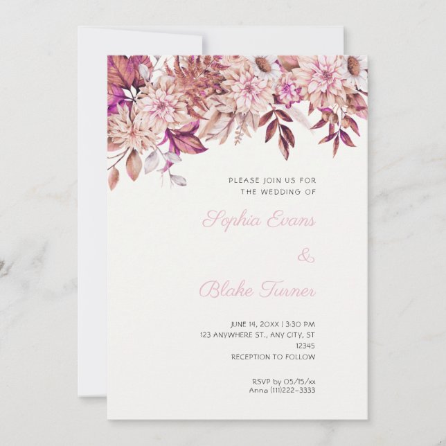 Convites Boho Marrom Rosa Floral Inverno Branco Casamento (Frente)