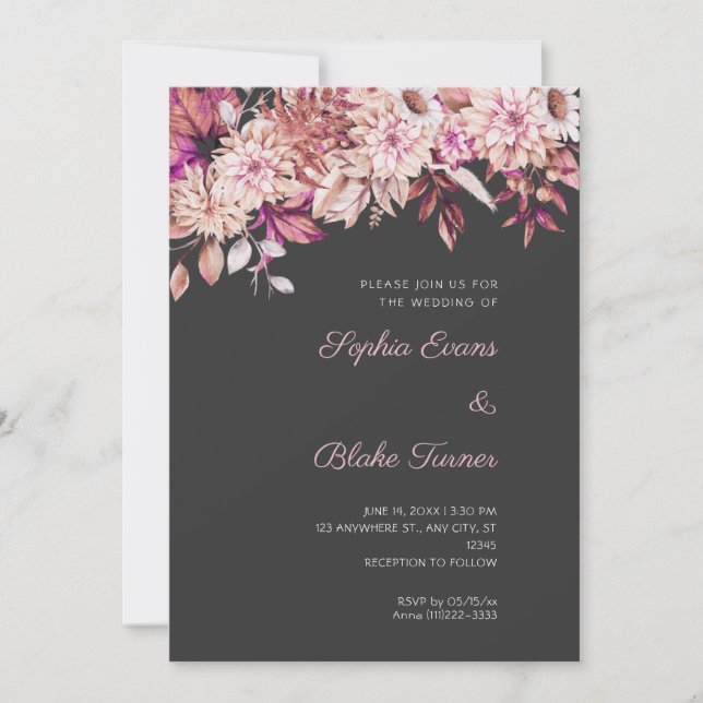 Convites Boho Marrom Rosa Floral Inverno Cinza Casamento (Frente)