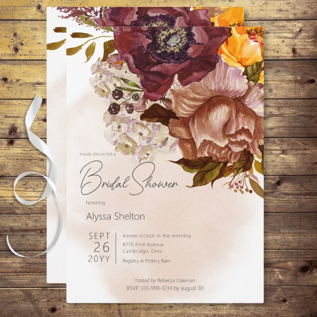 Convites Boho Marsala Clay & Yellow Buquê Chá de panela (Boho Marsala Clay & Yellow Bouquet Bridal Shower Invitation)