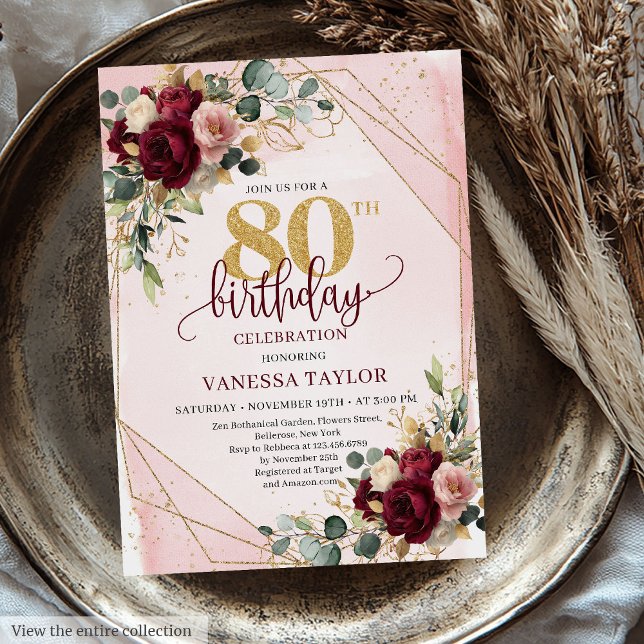 Convites Boho marsala, flores de ouro, 80 (Glamorous boho marsala gold flowers 80th birthday invite

)