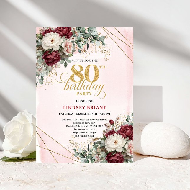 Convites Boho Marsala Flowers Eucalyptus 80th Birthday (Boho Marsala Flowers Eucalyptus 80th Birthday)