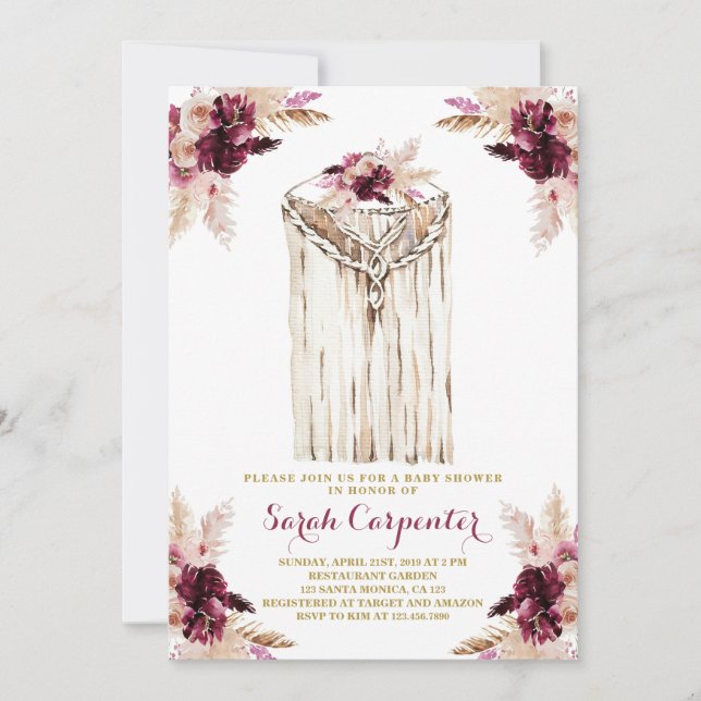 Convites Boho marsala macrame chá de fraldas (Frente)