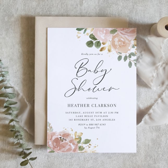 Convites Boho Mauve Peach Flowers Chá de fraldas de Código  (Customizable Baby Shower QR Code Invitation – Watercolour Mauve Peach, Greenery, & Faux Gold Foil)