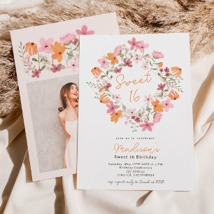 Convites Boho meadow wildflowers photo Sweet 16