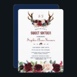 Convites Boho Merlot Marinho Blue Floral Antlers Sweet 16<br><div class="desc">Um design russo da Boêmia para eventos especiais, todas as estações! Este design apresenta galhadas de veados, merlot de aquarela, buquês de flores azuis marinhos, setas com as mesmas flores e atrás um fundo azul marinho. Use a ferramenta Personalizar para adicionar suas informações. Para mais, visite por favor a minha...</div>