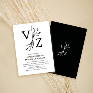 Convites Boho Minimal Black and White Leaf Monogram Wedding