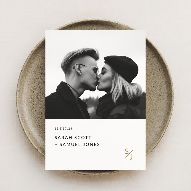 Convites Boho Minimal Negro e Dourado Casamento Monograma B (Criador carregado)