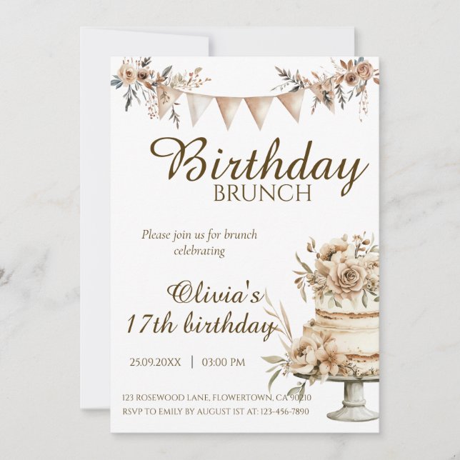 Convites Boho minimalist birthday invitation, brunch invite (Frente)