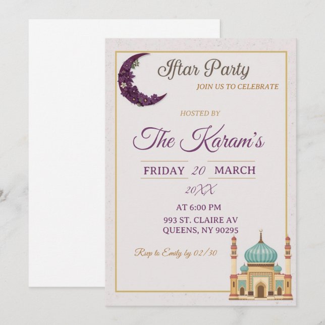 Convites Boho  Minimalist Mosque Ramadan Iftar Party  (Frente/Verso)