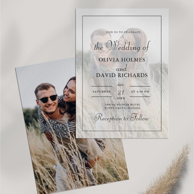 Convites Boho Minimalista  Foto Personalizada Casamento (Boho Minimalist Custom Photo Wedding Invitation on white table with dry wildflower.)