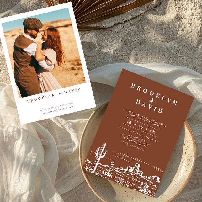 Convites Boho Minimalista Terracotta, Casamento no Deserto  (Terracotta Wedding Invitation, Western Desert Bohemian Minimalist Rust, Desert Scene Wedding )