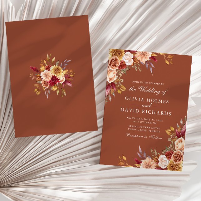 Convites Boho Modern Burnt Orange Terracotta Casamento Flor (Boho Modern Burnt Orange Terracotta Floral Wedding Invitation on a sunny neutral dry palm leaf.)