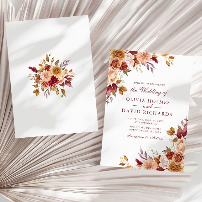 Convites Boho Modern Burnt Orange Terracotta Casamento Flor (Boho Modern Burnt Orange Terracotta Floral Wedding Invitation on a sunny neutral dry palm leaf.)