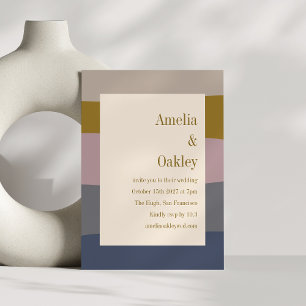 Convites Boho Modern Dusty Mauve Dourado Beige Striped Wedd