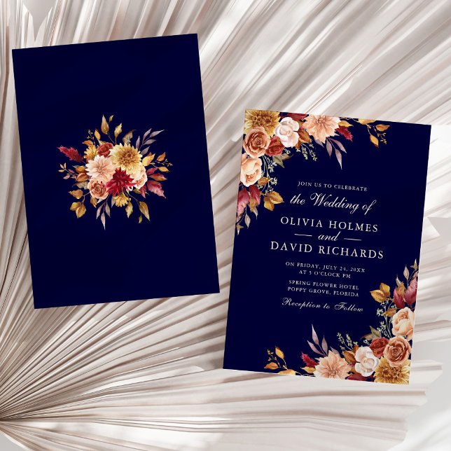 Convites Boho Moderno Marinho Azul Laranja Queimado Casamen (Boho Modern Navy Blue Burnt Orange Floral Wedding Invitation on a sunny neutral dry palm leaf.)