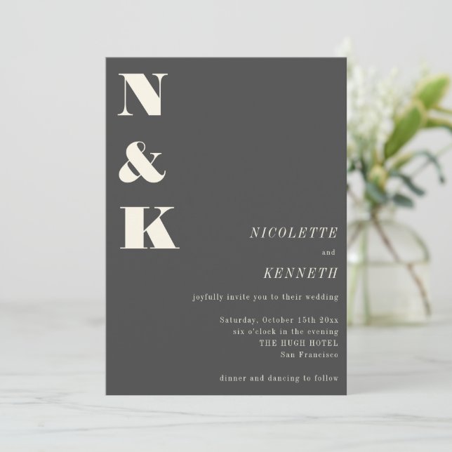 Convites Boho Monogram Initials Charcoal Gray Photo Wedding (Em pé/Frente)