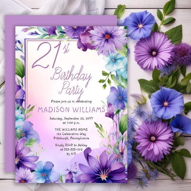 Convites Boho Morning Glories Floral 21st Birthday Party (Elegant Boho Aster | Morning Glories Floral 21st Birthday Party Invitation Print | Digital Download)