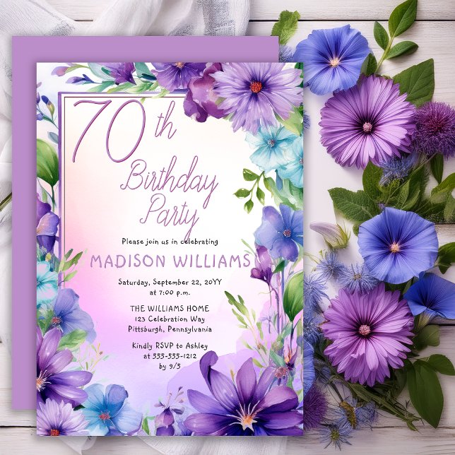 Convites Boho Morning Glories Floral 70th Birthday Party (Elegant Boho Aster | Morning Glories Floral 70th Birthday Party Invitation Print | Digital Download)