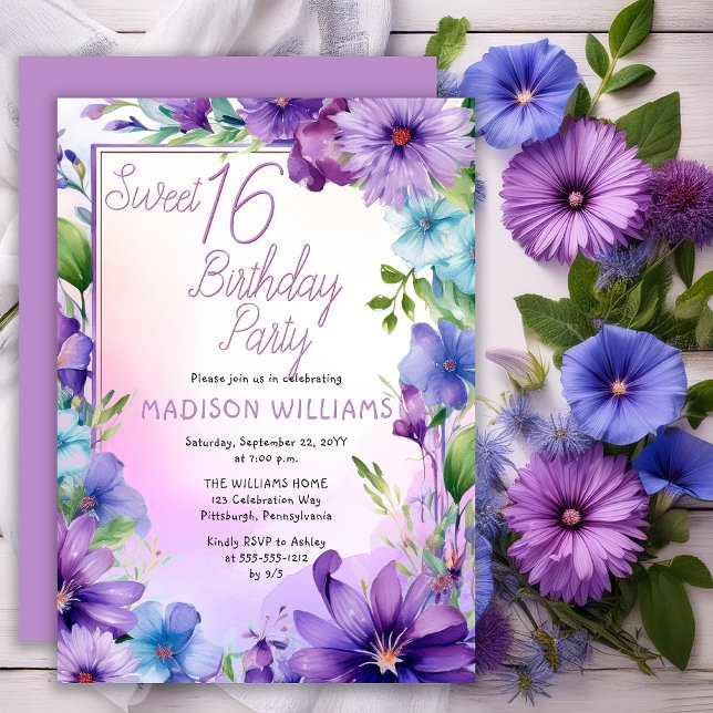 Convites Boho Morning Glories Sweet 16 Birthday Party (Elegant Boho Aster | Morning Glories Floral Sweet 16 Birthday Party Invitation Print | Digital )