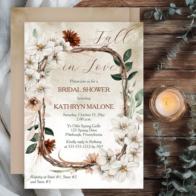 Convites Boho Muda Floral Queda no Chá de panela de Amor (Boho Muted Fall Floral and Grapevine Wreath "Fall in Love" Bridal Shower Invitation -Print | Digital)