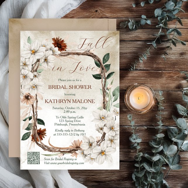 Convites Boho Muda Floral Queda no Chá de panela de Amor (Boho Muted Fall Floral and Grapevine Wreath "Fall in Love" Bridal Shower Invitation QR Code Registry)