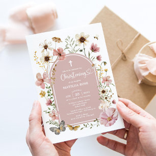 Convites Boho Muted Blush Wildflower Meadow Christening
