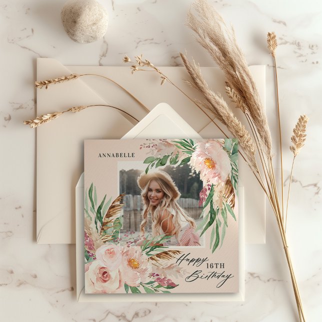 Convites Boho natural feminino moderno floral foto aniversá (Criador carregado)
