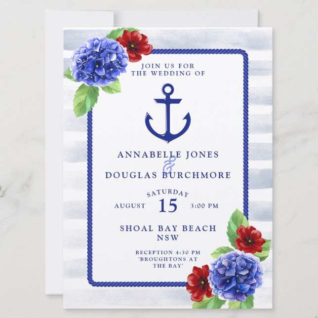 Convites Boho Náutico Blue Floral Watercolor Casamento (Frente)