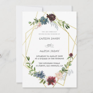 Convites Boho Navy & floral simples verde