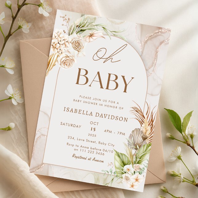 Convites Boho Neutral Oh Chá de fraldas Pampas Floral (Boho Neutral Oh Baby Shower Pampas Floral Invitation)