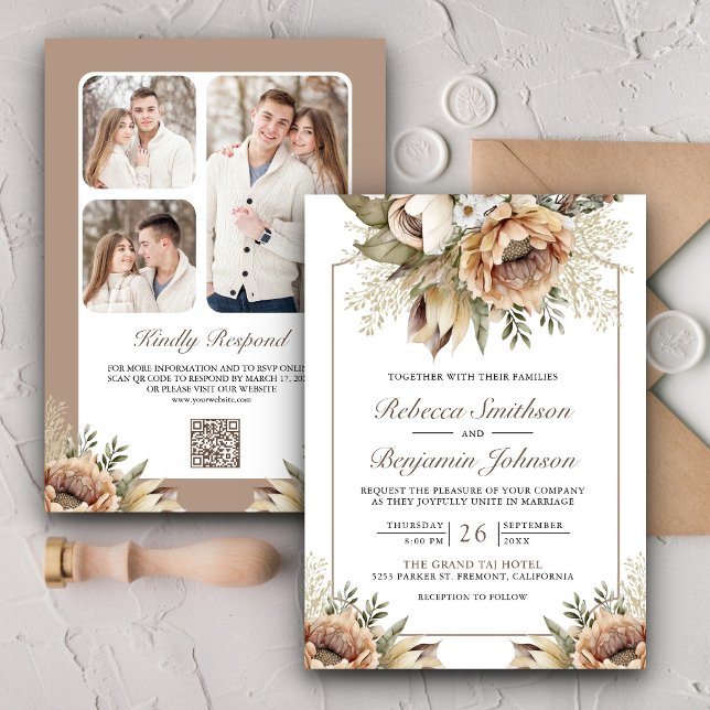 Convites Boho Neutral Terrestre Floral Código QR Casamento (Criador carregado)