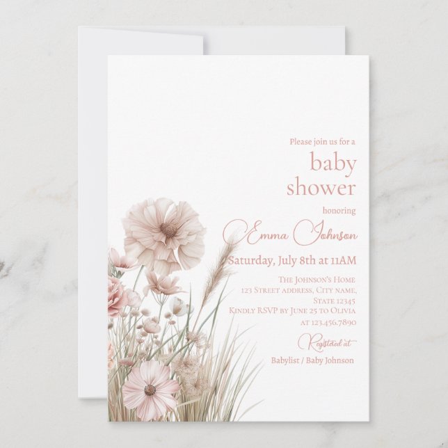 Convites Boho Neutral Wildflower Baby Shower Invitation (Frente)