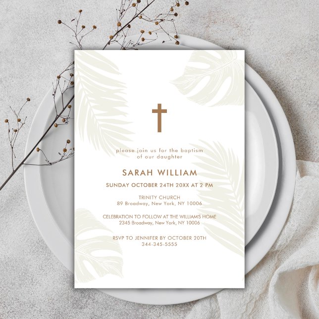 Convites Boho Neutro Elegante Deixa Dourado batismo Cruzado (Elegant Neutral Boho Leave Gold Cross Baptism Invitation)