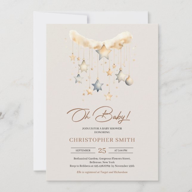 Convites Boho neutro em cobre e brinquedos para bebês enfer (Frente)