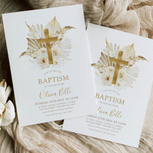 Convites Boho Neutro Seco Palma Floral Batismo e Batizado