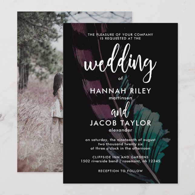 Convites Boho Nights Black with Feather Photo Casamento (Frente/Verso)