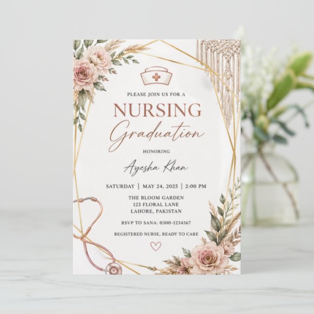 Convites Boho Nursing Graduation Invitation with Stethoscop (Em pé/Frente)