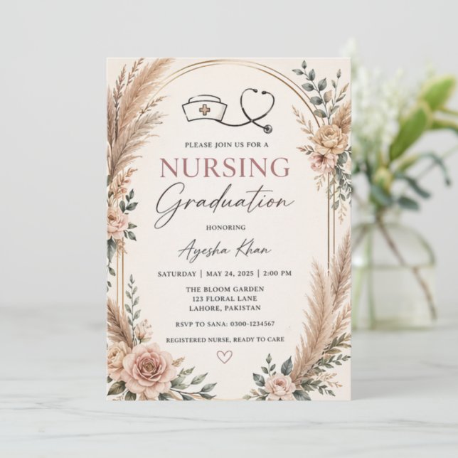 Convites Boho Nursing Graduation Invitation with Stethoscop (Em pé/Frente)