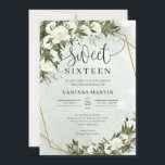 Convites Boho Olive foliage rosas brancas Doce dezesseis<br><div class="desc">Boho Olive foliage rosas brancas Doce 16 convites Esta charmosa design é perfeita para todos os eventos do estilo boho ou rústico. Design apresenta-se a aquarela pintada manualmente folhagem de oliveira em folha misturada ramos de oliveiras misturadas rosas brancas flores e guincho tecidos em moldura geométrica falsa de ouro e...</div>