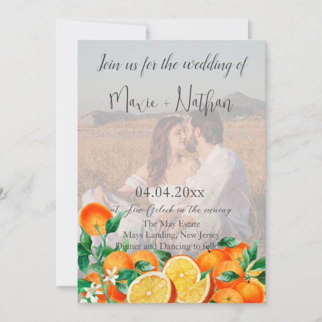 Convites Boho Orange Blossom Foto Código QR Casamento (Frente)