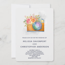 Convites Boho Orange Camera & Flowers Watercolor Casamento