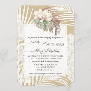 Convites BOHO Orquídea Branca Folhagem Tropical Kraft