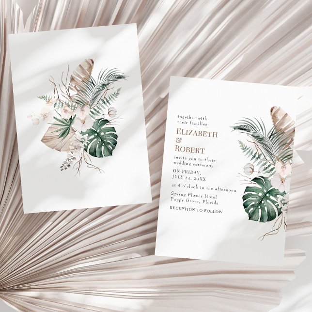 Convites Boho Orquídea Tropical e Casamento Monstera (Boho Tropical Orchid and Monstera Wedding Invitation on a sunny neutral dry palm leaf.)