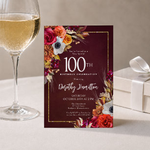 Convites Boho Outono Burgundy Floral Roteiro 100º Aniversár