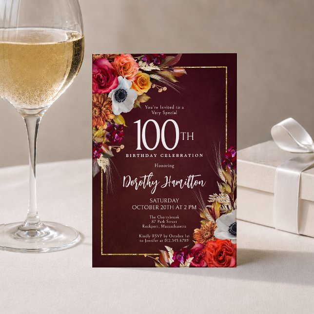Convites Boho Outono Burgundy Floral Roteiro 100º Aniversár (Criador carregado)